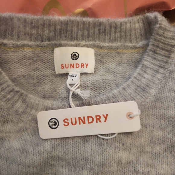 Sundry By "Anthropologie" Soft Sweater in Heather Gray & Yellow Baseball Stitch - Picture 2 of 9